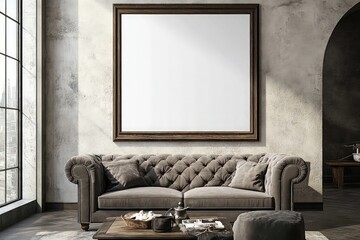a framed blank vertical poster with aspect ratio 3:4 hanging on the wall in a Western living room