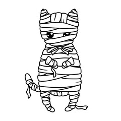 Children's Halloween coloring book with kawaii cat in Mummy costume in line art style
