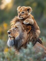 A majestic lion carries its adorable cub atop its head, embodying wildlife's nurturing in golden...