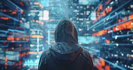 A hooded figure stares at a computerized data screen that represents cyberspace, technology, and mystery, Generative AI.;