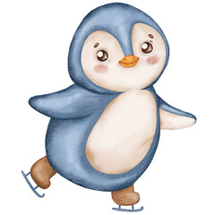 Cute smiling penguin skating, isolated on a white background. Christmas northern animal in watercolor style. Little penguin is doing figure skating