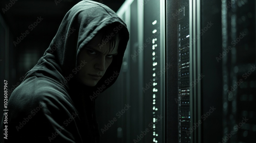 Poster a man in a hoodie is looking at a computer screen