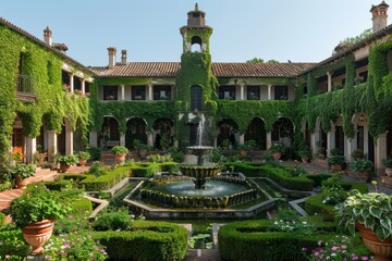 An exquisite garden courtyard featuring lush greenery, a tranquil fountain, and classic architecture embodies timeless beauty and serene elegance