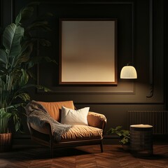 A cozy reading nook with a plush chair, abstract art, floor lamp, and greenery, set against dark, moody walls.