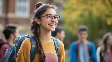Fototapeta na wymiar Beautiful smiling girl student with backpack in university courtyard. Education. Copy space. 
