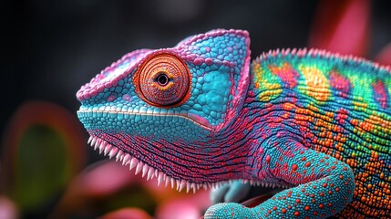 Fototapeta premium Colorful Chameleon in Vivid Fuchsia and Turquoise Hues