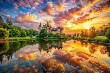Fototapeta premium Enchanted Nature Scene with Long Exposure Castle Reflection in Pond