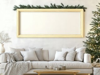 a light wood panoramic frame blank mockup in the living room of a house decorated for Christmas
