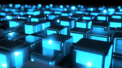 Fototapeta premium Abstract blue glowing cubes background.