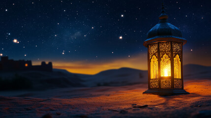 Traditional glowing Arabic lantern in middle of desert night sky background. Copy space Ramadan banner