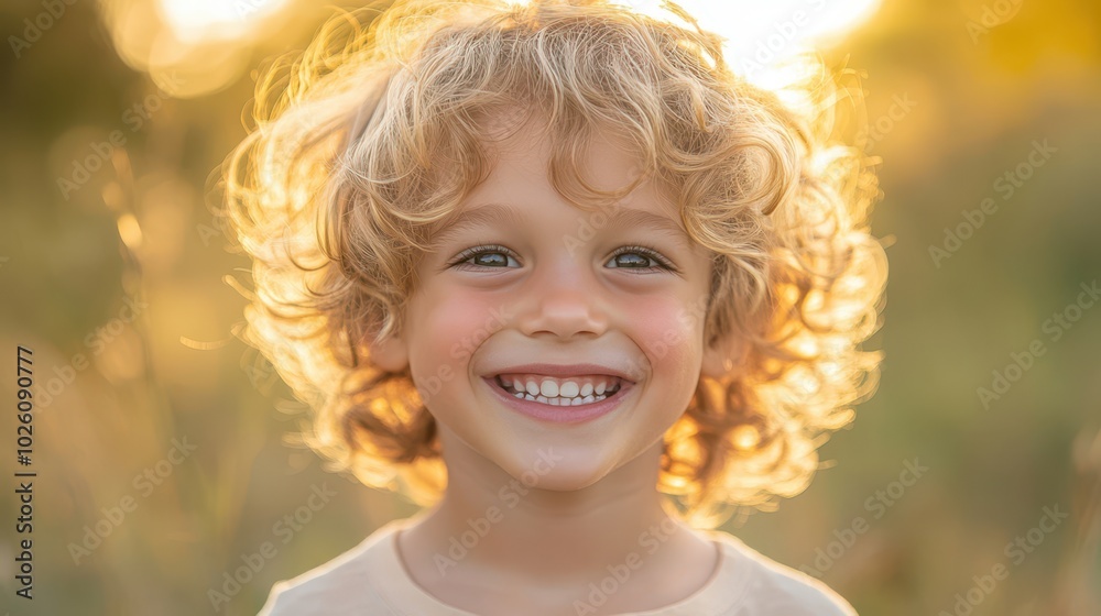 Poster Portrait of a cheerful young boy with curly blond hair and a messy face smiling widely at the camera outdoors, capturing innocence