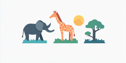 Obraz premium Africa. vector illustration of Africa, wild giraffe and elephants, flat background. mountains, landscape. environmental friendly. sun over a mountain, sky , colorful image. representation icon logo.