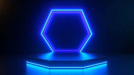 Neon Hexagon Podium with Blue Glow Effect