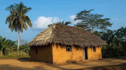 Rustic Thatched Roof House in Lush Green Landscape