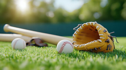 A serene baseball field at sunset with baseball bats, baseballs, and catcher's gloves scattered across the green lawn, open bags revealing gear, miniature details capturing every