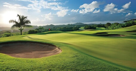 Naklejka premium A sun-filled day of golfing amidst stunning surroundings and unspoiled beauty is welcomed by this golf course with rolling green hills, Generative AI.
