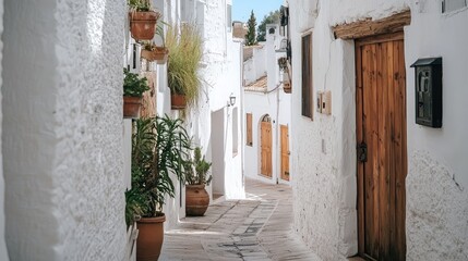 Fototapeta premium Quaint Whitewashed Alleyway in Sunny Mediterranean Town
