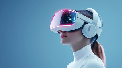 Young woman immersed in virtual reality, neon pink and purple light reflection on her VR headset, futuristic technology, digital future concept, modern portrait.