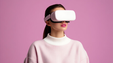 Stylish woman exploring virtual worlds with VR headset, pink and purple cyberpunk tones, futuristic innovation, tech-savvy lifestyle, immersive experience.