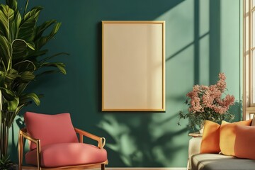 A mock-up livingroom with a small 9 inch by an 11 inch empty picture frame hanging up while using the color scheme of Latte, Light Coral, Amaranth Purple, Reseda Green, and Dark Green