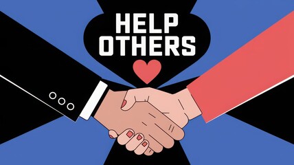 Hands shaking with a message to help others, vibrant background.