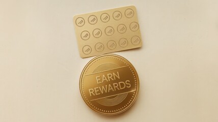Gold reward coin with a loyalty card on a white background.