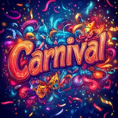 Neoncolored Carnival text bold fonts accompanied by vibrant masks confetti and swirling ribbons with a colorful abstract background to create a dynamic and exciting carnival poster