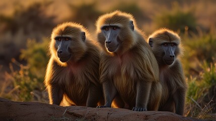 Obraz premium Three baboons sitting side-by-side on a hill, lit by the golden glow of the setting sun.