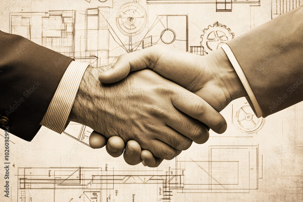 Wall mural close-up of two hands shaking over a technical blueprint emphasizing partnership collaboration and t