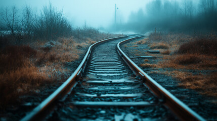 Empty curved railroad track going into a mist.