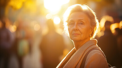 Obraz premium A stunning older woman stands in a lively crowd