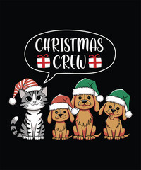 Christmas crew t shirt design with animal vector, cat dog t shirt design for christmas.