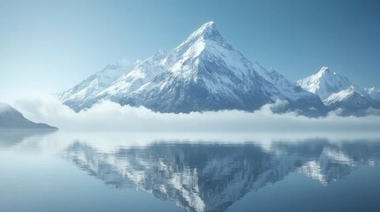Obraz premium A majestic, snow-capped mountain peak rises above a calm, serene lake, with clouds partially obscuring the summit and reflecting in the water.