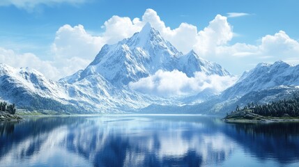 A majestic snow-capped mountain peak rises above a still, blue lake, surrounded by lush green forests. Clouds drift across the sky, reflecting in the water's surface.