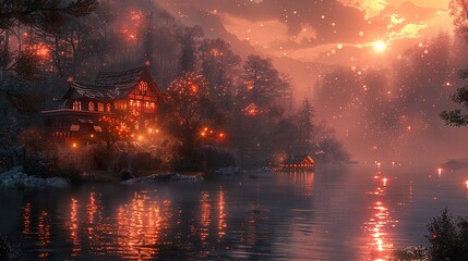 Fototapeta premium Enchanted Forest Lake House - Magical Sunset Landscape
