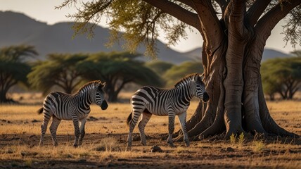 Obraz premium Two zebras stand in the shade of a large tree in a dry, grassy savanna.