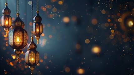 Islamic holiday ramadan blue banner background with lantern golden bokeh light eid celebration
