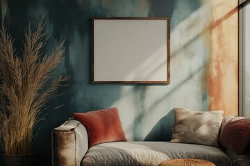 A mock-up ROOM with a small 9 inch by an 11 inch empty picture frame hanging up while using the color scheme of Cosmic Latte, Light Coral, Indian Red, Slate Gray, and Verdigris