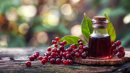 Close-up of Fresh Schizandra Berries and Liquid Extract