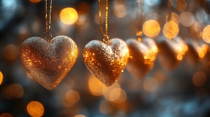 Festive golden hearts dangling a string sparkling against a backdrop of soft gold bokeh lights A captivating mix of Christmas and Valentines celebration
