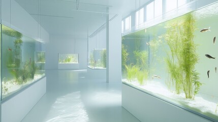 A floating transparent aquarium in a bright white room, showcasing luminous fish and otherworldly plants, transforming the space into a living art installation.