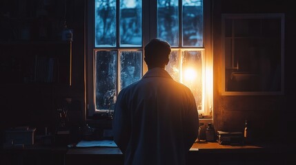 Man in Laboratory at Sunrise