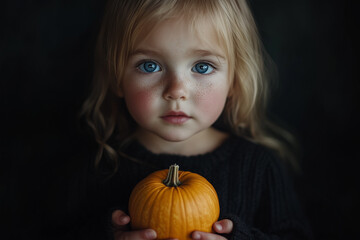 A young girl dressed as a witch with blue eyes, holding a small pumpkin.Minimal creative Halloween holiday cocept.Copy space