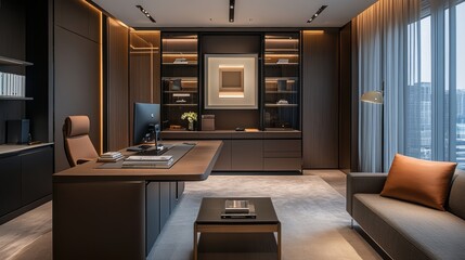 a rectangular shape office for CEO with a desk on left side of the camera, storage and display shelves on back wall