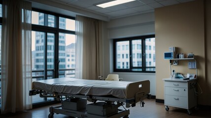Empty hospital room with a bed, a chair, a bedside table, and a window with a view of a city.