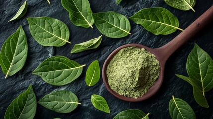 Fresh Gymnema Sylvestre Leaves and Powder on Dark Surface