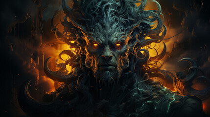 Fototapeta premium Mythical creature with a fierce expression embodying power against a fiery background