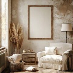 realisitic photo of a cozy living room with an empty frame on a wall, super realistic