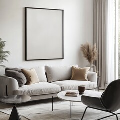 A modern, cozy living room scene with a sleek, minimalist design. 