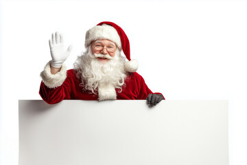 Naklejka premium Santa Claus sitting on the edge of an empty white banner and waving his hand, isolated on a transparent background.Minimal creative Crhristmas holday advertise concept.Copy space